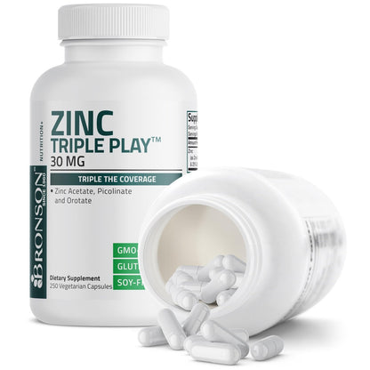 Bronson Zink Triple Play 30 mg – Dreifache Immununterstützung mit Zinkacetat, Picolinat & Orotat – 250 vegane Kapseln