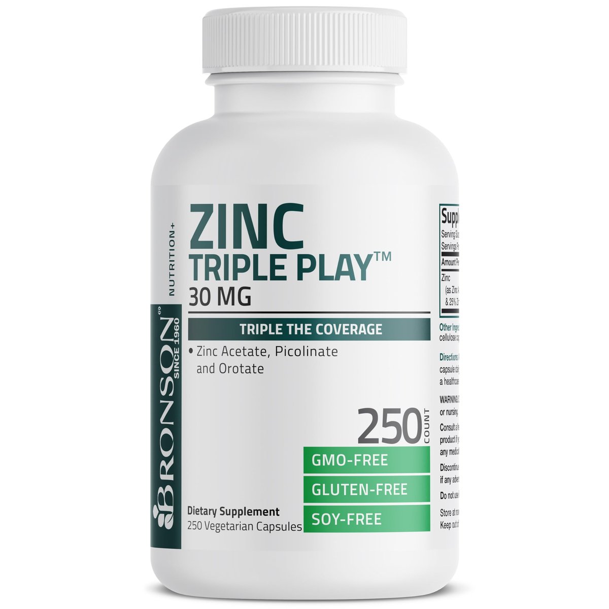 Bronson Zink Triple Play 30 mg – Dreifache Immununterstützung mit Zinkacetat, Picolinat & Orotat – 250 vegane Kapseln