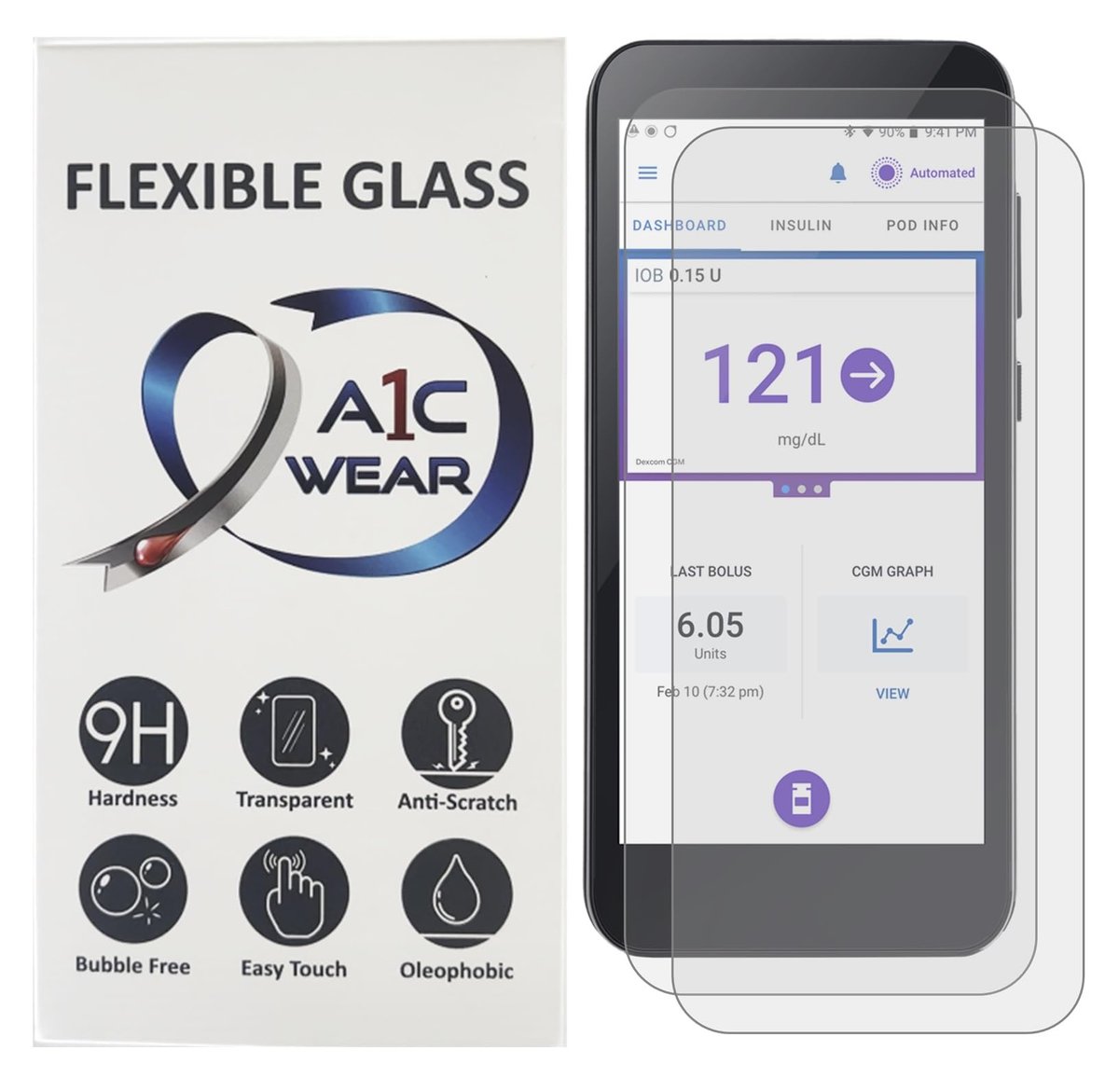 A1C WEAR - 9H Flexibler Displayschutz aus Glas für Omnipod 5 Receiver PDM - Bricht oder splittert nicht - Kratzfest und fingerabdruckresistent - 2er Pack
