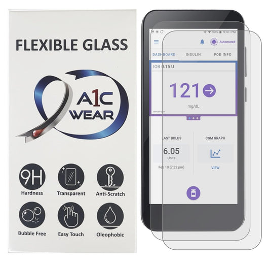 A1C WEAR - 9H Flexibler Displayschutz aus Glas für Omnipod 5 Receiver PDM - Bricht oder splittert nicht - Kratzfest und fingerabdruckresistent - 2er Pack
