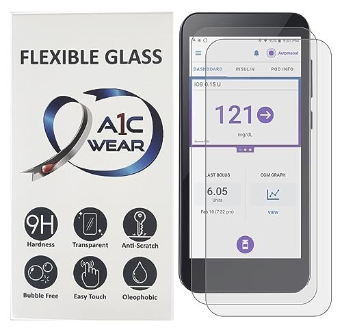 A1C WEAR - 9H Flexibler Displayschutz aus Glas für Omnipod 5 Receiver PDM - Bricht oder splittert nicht - Kratzfest und fingerabdruckresistent - 2er Pack