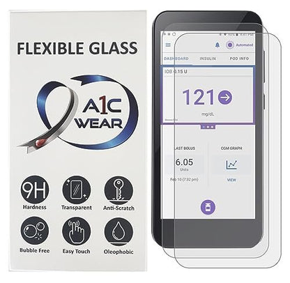 A1C WEAR - 9H Flexibler Displayschutz aus Glas für Omnipod 5 Receiver PDM - Bricht oder splittert nicht - Kratzfest und fingerabdruckresistent - 2er Pack