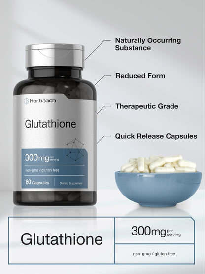 Horbäach Glutathion 300mg | 60 Kapseln | Nicht-GVO & Glutenfrei | Antioxidans Nahrungsergänzungsmittel