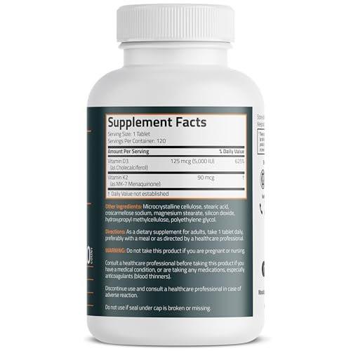 Bronson Vitamin K2 D3 (MK7) – Vitamin D3 5000 IU & 90 mcg K2 MK-7, Non-GMO, 120 Tabletten