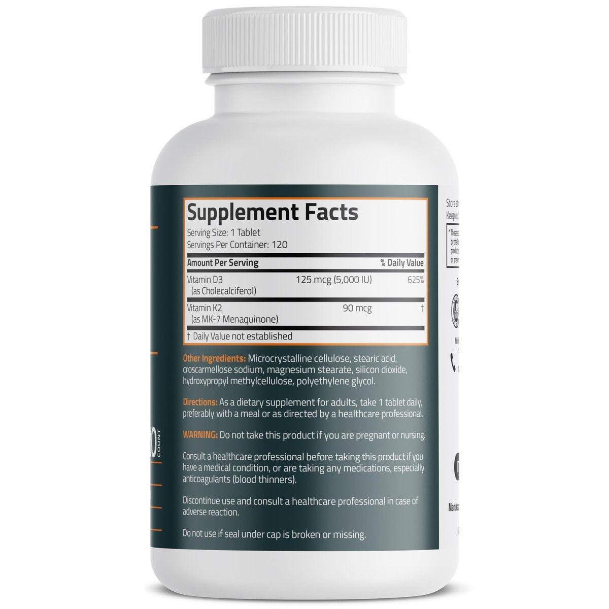 Bronson Vitamin K2 D3 (MK7) – Vitamin D3 5000 IU & 90 mcg K2 MK-7, Non-GMO, 120 Tabletten