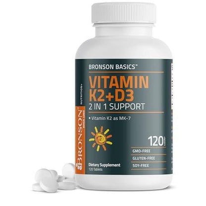 Bronson Vitamin K2 D3 (MK7) – Vitamin D3 5000 IU & 90 mcg K2 MK-7, Non-GMO, 120 Tabletten