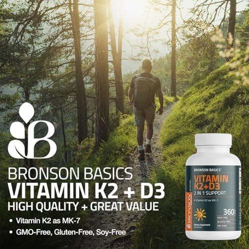 Bronson Vitamin K2 D3 (MK7) – Vitamin D3 5000 IU & 90 mcg K2 MK-7, Non-GMO, 120 Tabletten