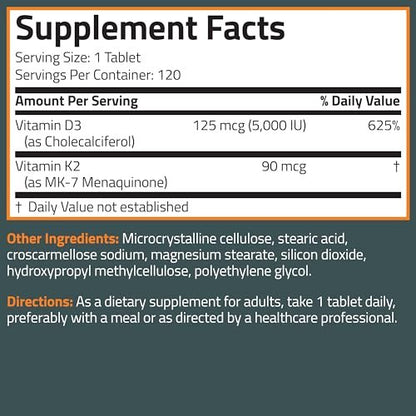Bronson Vitamin K2 D3 (MK7) Nahrungsergänzung – Nicht-GMO-Formel mit Vitamin D3 5000 IE (125 µg) & 90 µg K2 MK-7, leicht zu schluckender D & K Komplex, 200 Tabletten