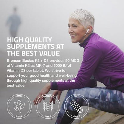 Bronson Vitamin K2 D3 (MK7) – Vitamin D3 5000 IU & 90 mcg K2 MK-7, Non-GMO, 120 Tabletten