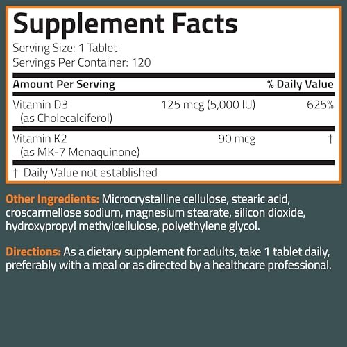 Bronson Vitamin K2 D3 (MK7) Nahrungsergänzung – Nicht-GMO-Formel mit Vitamin D3 5000 IE (125 µg) & 90 µg K2 MK-7, leicht zu schluckender D & K Komplex, 200 Tabletten