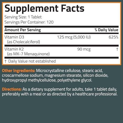 Bronson Vitamin K2 D3 (MK7) – Vitamin D3 5000 IU & 90 mcg K2 MK-7, Non-GMO, 120 Tabletten