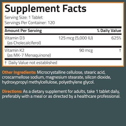Bronson Vitamin K2 D3 (MK7) – Vitamin D3 5000 IU & 90 mcg K2 MK-7, Non-GMO, 120 Tabletten