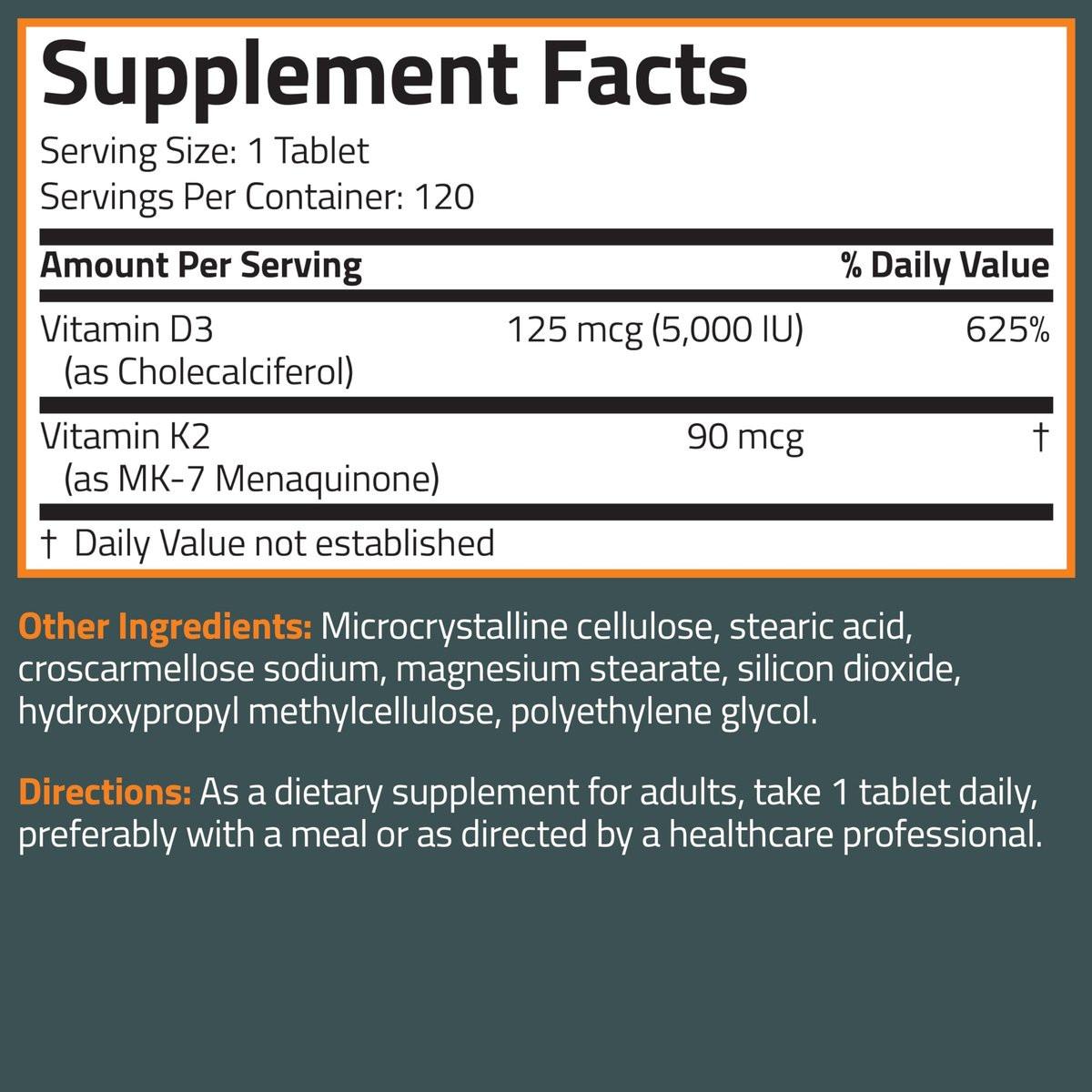 Bronson Vitamin K2 D3 (MK7) – Vitamin D3 5000 IU & 90 mcg K2 MK-7, Non-GMO, 120 Tabletten