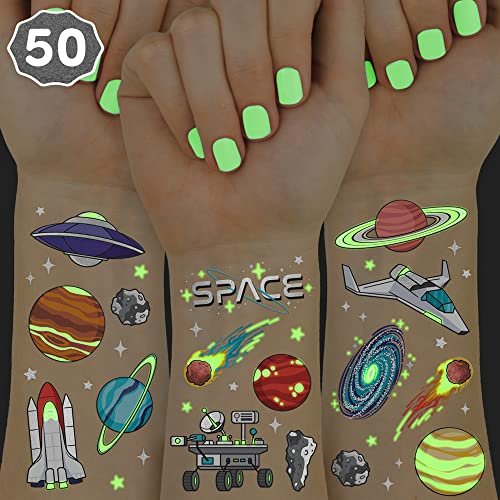 xo, Fetti Space + Planeten Leuchten im Dunkeln Temporäre Tattoos für Kinder - 50 Stück | Alien Geburtstagsparty Zubehör, Astronauten Geschenke + Raumschiff Dekorationen