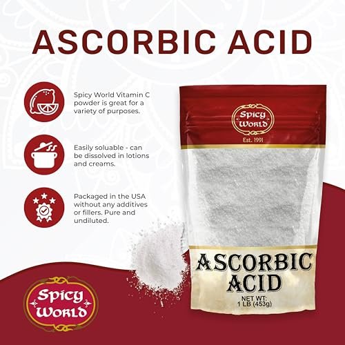 Spicy World Ascorbinsäure 1 LB Bulk-Beutel – Reines Vitamin-C-Pulver – 100 % rein, Lebensmittelqualität, geeignet zum Einmachen, für Obst, Pools – USP-Qualität