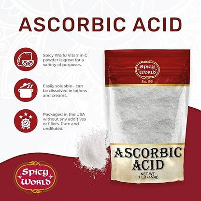 Spicy World Ascorbinsäure 1 LB Bulk-Beutel – Reines Vitamin-C-Pulver – 100 % rein, Lebensmittelqualität, geeignet zum Einmachen, für Obst, Pools – USP-Qualität