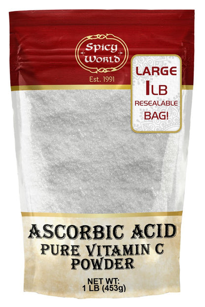 Spicy World Ascorbinsäure 1 LB Bulk-Beutel – Reines Vitamin-C-Pulver – 100 % rein, Lebensmittelqualität, geeignet zum Einmachen, für Obst, Pools – USP-Qualität