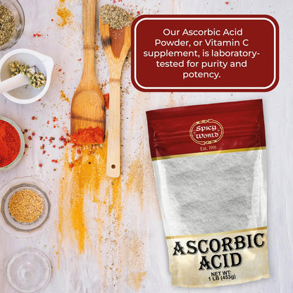 Spicy World Ascorbinsäure 1 LB Bulk-Beutel – Reines Vitamin-C-Pulver – 100 % rein, Lebensmittelqualität, geeignet zum Einmachen, für Obst, Pools – USP-Qualität