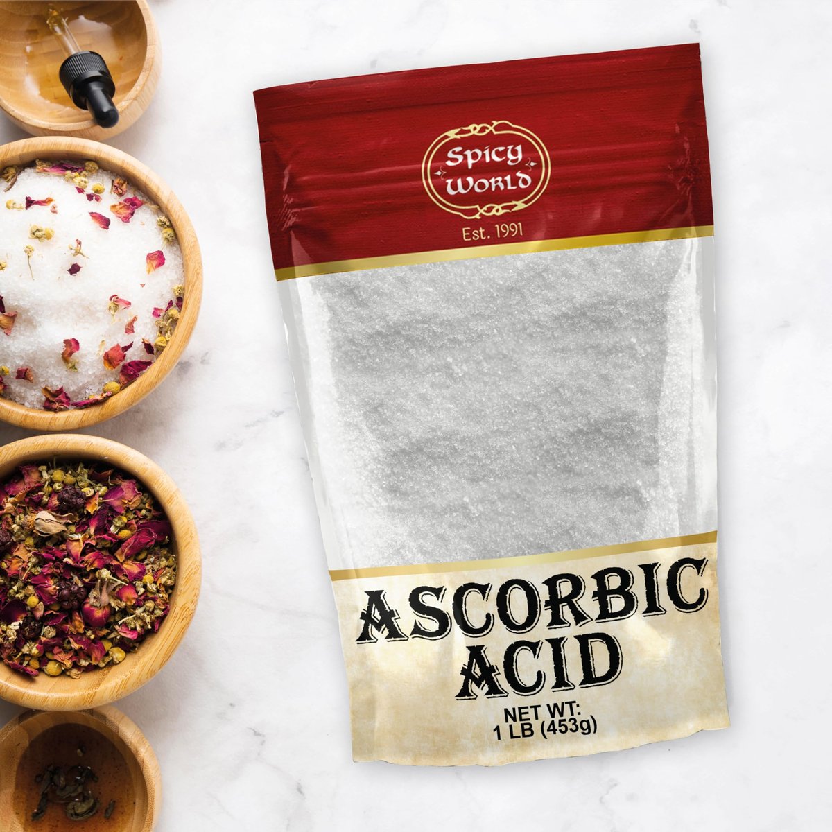 Spicy World Ascorbinsäure 1 LB Bulk-Beutel – Reines Vitamin-C-Pulver – 100 % rein, Lebensmittelqualität, geeignet zum Einmachen, für Obst, Pools – USP-Qualität