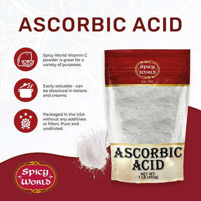 Spicy World Ascorbinsäure 1 LB Bulk-Beutel – Reines Vitamin-C-Pulver – 100 % rein, Lebensmittelqualität, geeignet zum Einmachen, für Obst, Pools – USP-Qualität