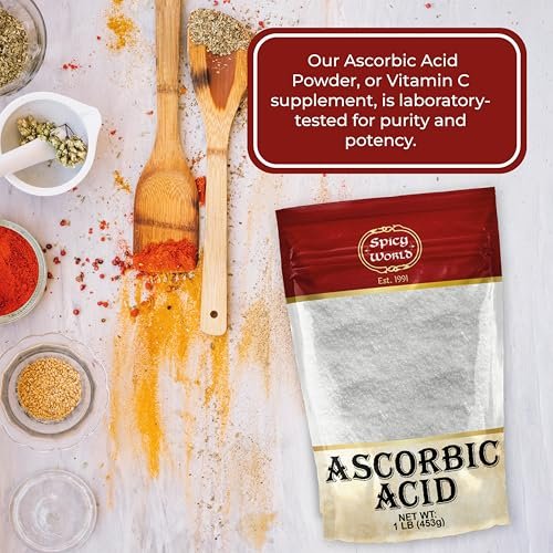 Spicy World Ascorbinsäure 1 LB Bulk-Beutel – Reines Vitamin-C-Pulver – 100 % rein, Lebensmittelqualität, geeignet zum Einmachen, für Obst, Pools – USP-Qualität