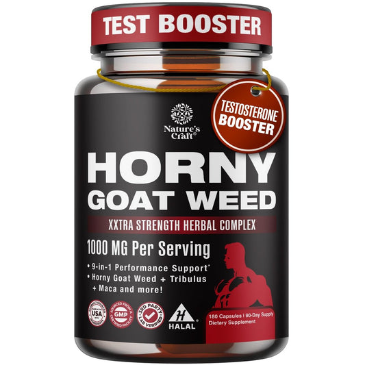 Horny Goat Weed für Männer - Extra starkes männliches Nahrungsergänzungsmittel mit Schwarzer Maca-Wurzel, Tongkat Ali, Sägepalme & Panax Ginseng Extrakt für Ausdauer & Energie - 180 Kapseln