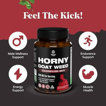 Horny Goat Weed für Männer - Extra starkes männliches Nahrungsergänzungsmittel mit Schwarzer Maca-Wurzel, Tongkat Ali, Sägepalme & Panax Ginseng Extrakt für Ausdauer & Energie - 180 Kapseln