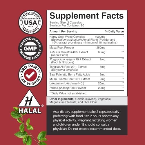 Horny Goat Weed für Männer - Extra starkes männliches Nahrungsergänzungsmittel mit Schwarzer Maca-Wurzel, Tongkat Ali, Sägepalme & Panax Ginseng Extrakt für Ausdauer & Energie - 180 Kapseln