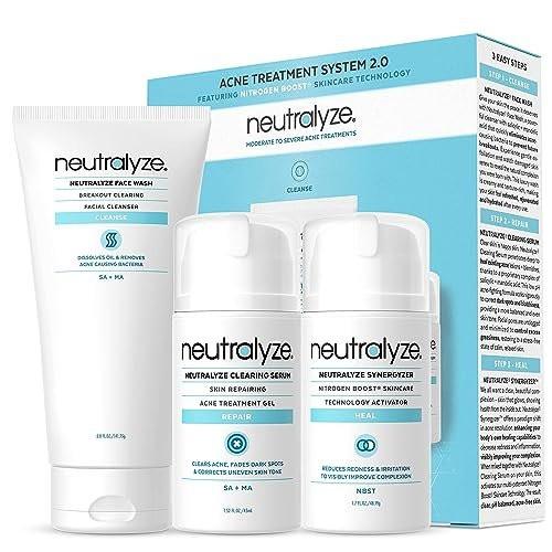 Neutralyze Akne-Behandlungsset 2.0 für mittelschwere bis schwere Akne – maximal starkes 3-Stufen-Akne-Set mit 2% Salicylsäure, 2% Mandelsäure & Stickstoffmonoxid – inklusive Gesichtsreinigung, Klärungsserum & Synergyzer