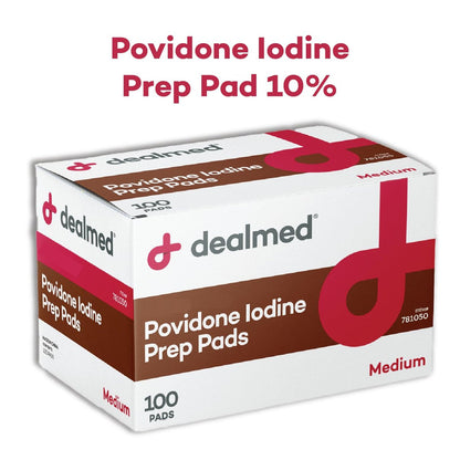 Dealmed Povidon-Iod-Vorbereitungspad 10% - einzeln versiegelte Packungen, ideal für Wundversorgung und tragbare Erste-Hilfe-Sets, 100 Stück pro Schachtel (Packung mit 1)