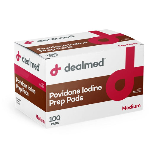 Dealmed Povidon-Iod-Vorbereitungspad 10% - einzeln versiegelte Packungen, ideal für Wundversorgung und tragbare Erste-Hilfe-Sets, 100 Stück pro Schachtel (Packung mit 1)
