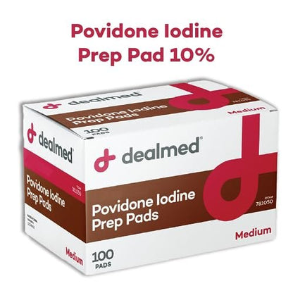 Dealmed Povidon-Iod-Vorbereitungspad 10% - einzeln versiegelte Packungen, ideal für Wundversorgung und tragbare Erste-Hilfe-Sets, 100 Stück pro Schachtel (Packung mit 1)