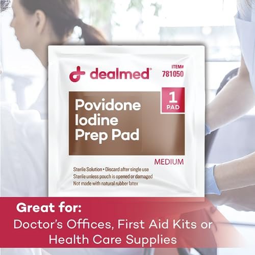Dealmed Povidon-Iod-Vorbereitungspad 10% - einzeln versiegelte Packungen, ideal für Wundversorgung und tragbare Erste-Hilfe-Sets, 100 Stück pro Schachtel (Packung mit 1)