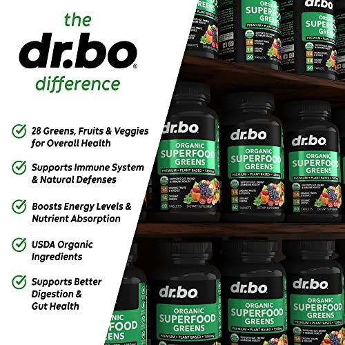 DR. BO Bio-Superfood-Grünzeug- & Obst-Ergänzungsmittel - Energiereiche Superfood-Tabletten mit Obst und Gemüse - Tägliche grüne Gemüsepulver-Mischung plus Alfalfa, Spinat, Kohl & Spirulina Tabletten (60 Stück)