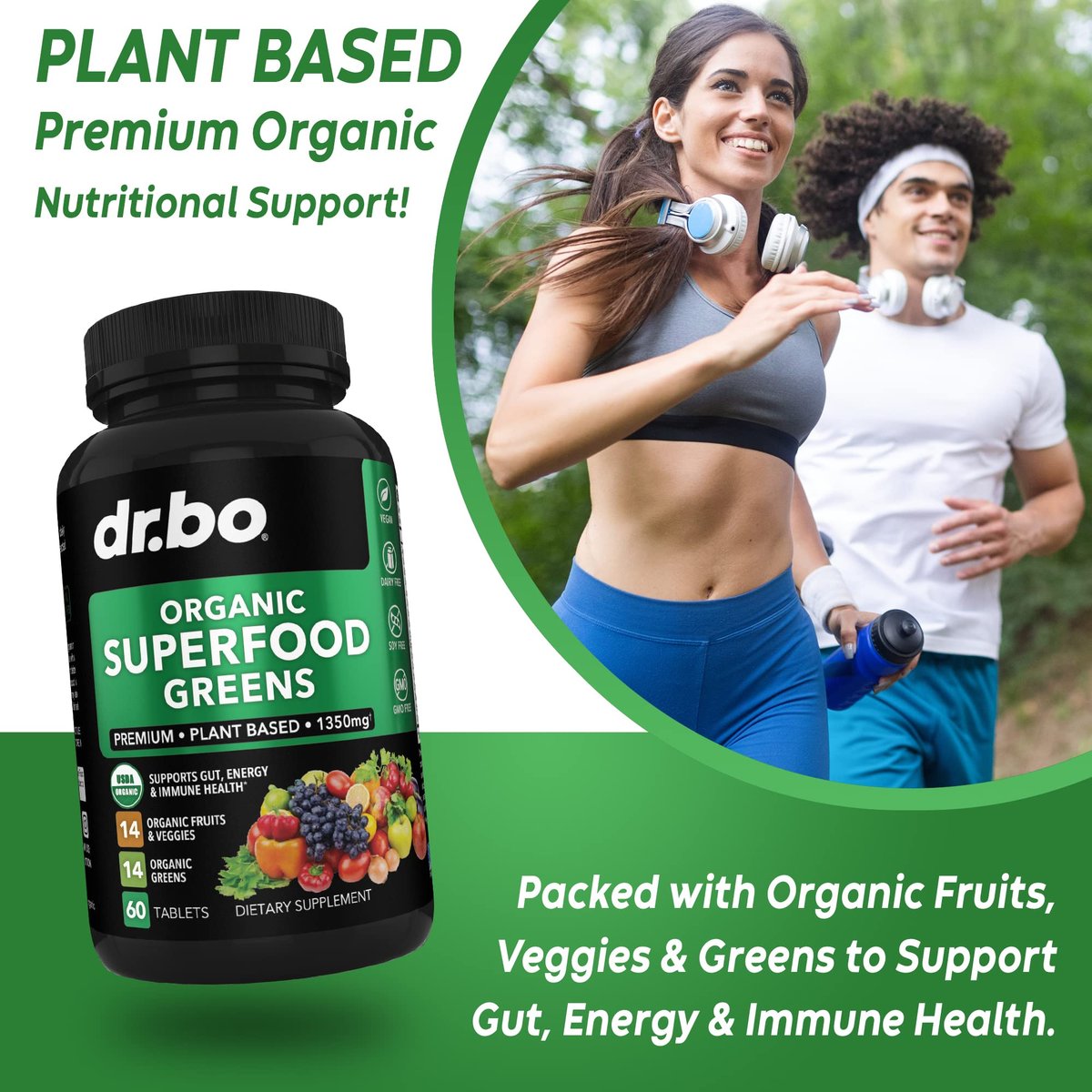 DR. BO Bio-Superfood-Grünzeug- & Obst-Ergänzungsmittel - Energiereiche Superfood-Tabletten mit Obst und Gemüse - Tägliche grüne Gemüsepulver-Mischung plus Alfalfa, Spinat, Kohl & Spirulina Tabletten (60 Stück)
