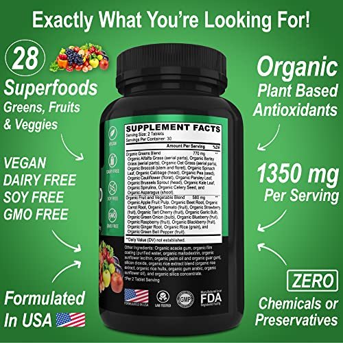 DR. BO Bio-Superfood-Grünzeug- & Obst-Ergänzungsmittel - Energiereiche Superfood-Tabletten mit Obst und Gemüse - Tägliche grüne Gemüsepulver-Mischung plus Alfalfa, Spinat, Kohl & Spirulina Tabletten (60 Stück)