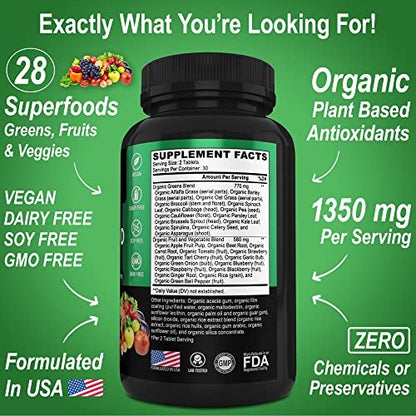 DR. BO Bio-Superfood-Grünzeug- & Obst-Ergänzungsmittel - Energiereiche Superfood-Tabletten mit Obst und Gemüse - Tägliche grüne Gemüsepulver-Mischung plus Alfalfa, Spinat, Kohl & Spirulina Tabletten (60 Stück)