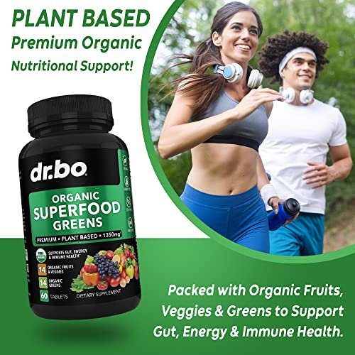 DR. BO Bio-Superfood-Grünzeug- & Obst-Ergänzungsmittel - Energiereiche Superfood-Tabletten mit Obst und Gemüse - Tägliche grüne Gemüsepulver-Mischung plus Alfalfa, Spinat, Kohl & Spirulina Tabletten (60 Stück)