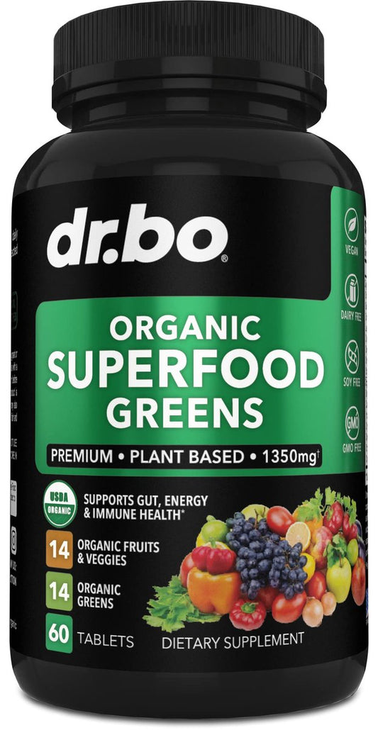 DR. BO Bio-Superfood-Grünzeug- & Obst-Ergänzungsmittel - Energiereiche Superfood-Tabletten mit Obst und Gemüse - Tägliche grüne Gemüsepulver-Mischung plus Alfalfa, Spinat, Kohl & Spirulina Tabletten (60 Stück)