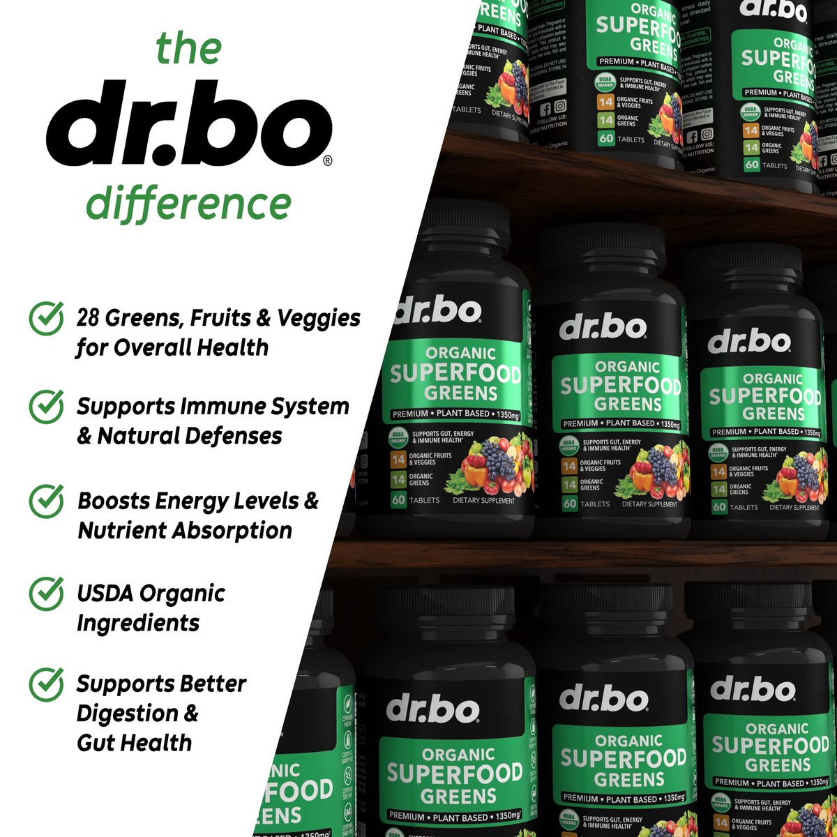 DR. BO Bio-Superfood-Grünzeug- & Obst-Ergänzungsmittel - Energiereiche Superfood-Tabletten mit Obst und Gemüse - Tägliche grüne Gemüsepulver-Mischung plus Alfalfa, Spinat, Kohl & Spirulina Tabletten (60 Stück)