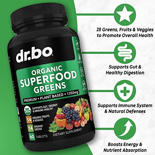 DR. BO Bio-Superfood-Grünzeug- & Obst-Ergänzungsmittel - Energiereiche Superfood-Tabletten mit Obst und Gemüse - Tägliche grüne Gemüsepulver-Mischung plus Alfalfa, Spinat, Kohl & Spirulina Tabletten (60 Stück)
