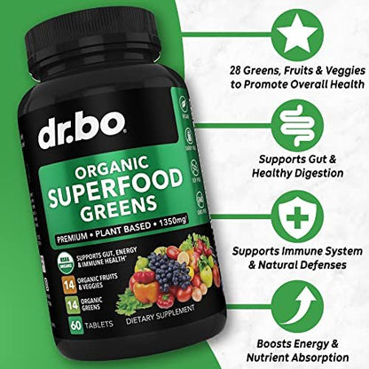 DR. BO Bio-Superfood-Grünzeug- & Obst-Ergänzungsmittel - Energiereiche Superfood-Tabletten mit Obst und Gemüse - Tägliche grüne Gemüsepulver-Mischung plus Alfalfa, Spinat, Kohl & Spirulina Tabletten (60 Stück)