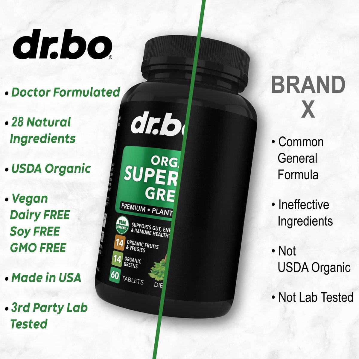 DR. BO Bio-Superfood-Grünzeug- & Obst-Ergänzungsmittel - Energiereiche Superfood-Tabletten mit Obst und Gemüse - Tägliche grüne Gemüsepulver-Mischung plus Alfalfa, Spinat, Kohl & Spirulina Tabletten (60 Stück)