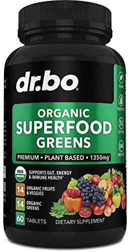 DR. BO Bio-Superfood-Grünzeug- & Obst-Ergänzungsmittel - Energiereiche Superfood-Tabletten mit Obst und Gemüse - Tägliche grüne Gemüsepulver-Mischung plus Alfalfa, Spinat, Kohl & Spirulina Tabletten (60 Stück)