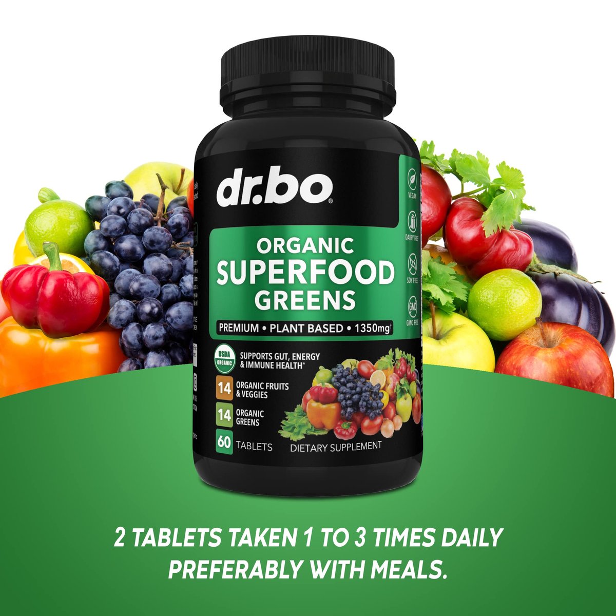DR. BO Bio-Superfood-Grünzeug- & Obst-Ergänzungsmittel - Energiereiche Superfood-Tabletten mit Obst und Gemüse - Tägliche grüne Gemüsepulver-Mischung plus Alfalfa, Spinat, Kohl & Spirulina Tabletten (60 Stück)