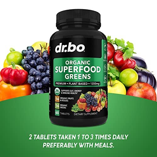 DR. BO Bio-Superfood-Grünzeug- & Obst-Ergänzungsmittel - Energiereiche Superfood-Tabletten mit Obst und Gemüse - Tägliche grüne Gemüsepulver-Mischung plus Alfalfa, Spinat, Kohl & Spirulina Tabletten (60 Stück)