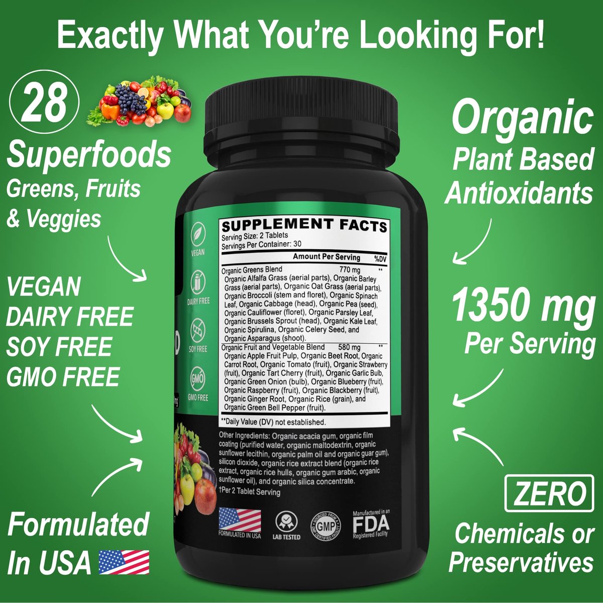 DR. BO Bio-Superfood-Grünzeug- & Obst-Ergänzungsmittel - Energiereiche Superfood-Tabletten mit Obst und Gemüse - Tägliche grüne Gemüsepulver-Mischung plus Alfalfa, Spinat, Kohl & Spirulina Tabletten (60 Stück)