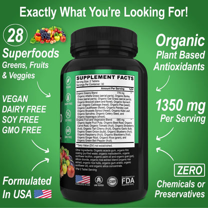 DR. BO Bio-Superfood-Grünzeug- & Obst-Ergänzungsmittel - Energiereiche Superfood-Tabletten mit Obst und Gemüse - Tägliche grüne Gemüsepulver-Mischung plus Alfalfa, Spinat, Kohl & Spirulina Tabletten (60 Stück)