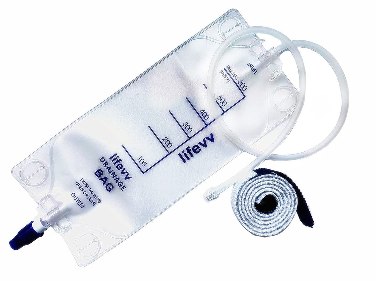 Lifevv 600 ml Urinbeutel, Drainagebeutel mit klarem Beutel, Nephrostomiebeutel, mit 60 cm Silikonschlauch, Drehverschluss (1 Pack)