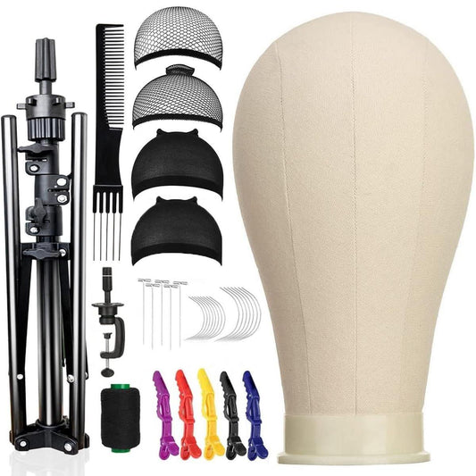 SZCY LLC 23 Zoll Leinwand-Block-Wig-Kopf, 47 Zoll Wig-Stativ mit Kopf, Mannequin-Kopf für Perückenausstellung mit Perückenkappen, T-C-Pins und Bürste